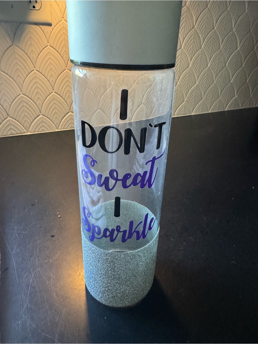 I DON’T Sweat I Sparkle Glitter Water Bottle - Blue Cap, Silver Glitter